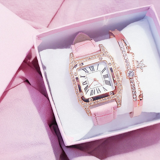 Diamond Starry Square Dial Bracelet Watch Set